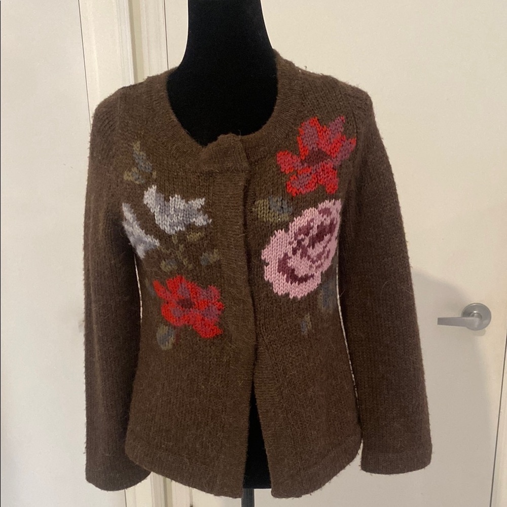Jackpot wool blend button down Brown cardigan w large floral print Size Small - Picture 1 of 16